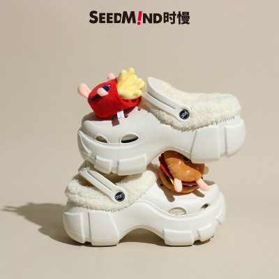 时慢可爱加绒洞洞鞋可拆卸黑色外穿冬款女款厚底2025新款包头拖鞋