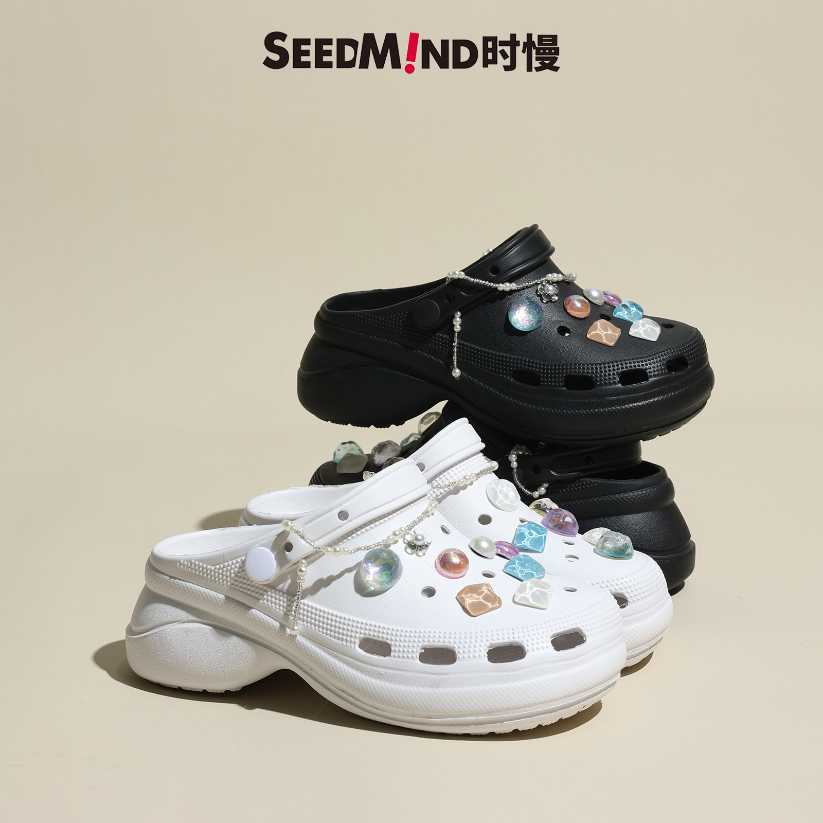 时慢黑色厚底2026网红洞洞鞋女款外穿珍珠eva增高凉鞋拖鞋少女钻