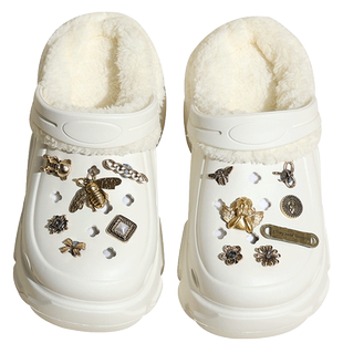 时慢超厚底棉拖鞋女款洞洞鞋冬款加绒可拆卸增高黑色朋克冬天外穿