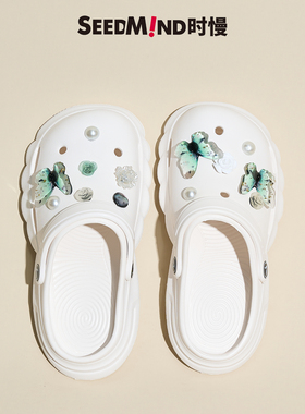 时慢coros洞洞鞋女款34码外穿凉鞋女夏拖鞋小码软底黑色蝴蝶花朵
