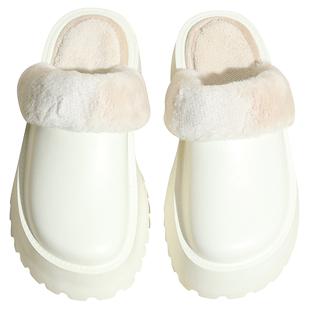 时慢一脚蹬毛毛拖鞋包头厚底半拖鞋女秋冬款外穿内增高防水棉拖鞋