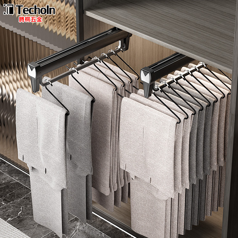 衣柜内置裤架伸缩滑轨顶装抽拉式家用挂裤子轨道收纳抽拉裤挂裤抽