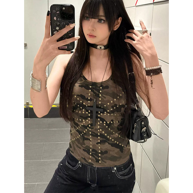 美式复古迷彩背心吊带烫片2026夏季新款辣妹修身百搭打底上衣女