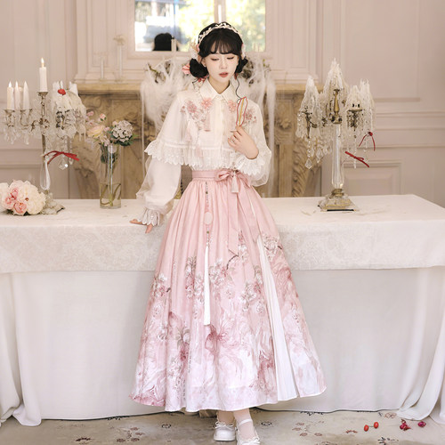 设计师的礼物原创樱花雨汉服女汉元素新中式披肩上衣半裙新年套装