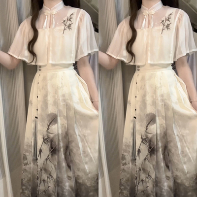 设计师的礼物原创水墨寒江新中式女国风改良汉元素上衣连衣裙套装