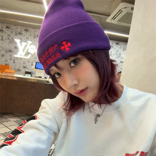 梵文十字架刺绣针织帽男女秋冬新款小众毛线洋气设计感冷帽护耳帽