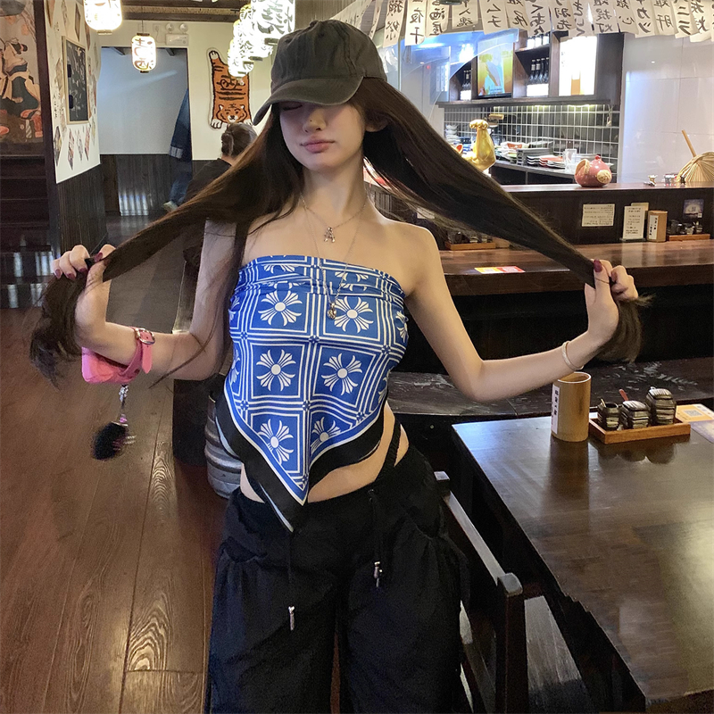 十字架梵文印花飘带丝巾头巾女夏季小众法式多穿法高级感抹胸背心