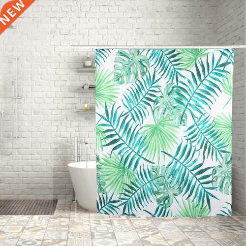 Green Leaves Pattern Waterproof Shower Curtain Polyester Bat