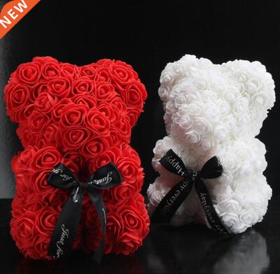 25CM White Rose Bear Artificial Flower Rose Teddy Bear For V