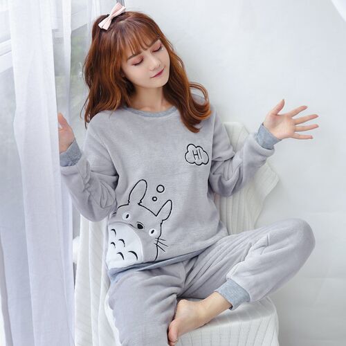 korean Flannel Warm Pajamas for Women Long Sleeve Home Suit
