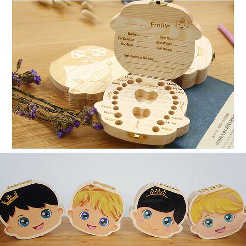 Baby Wood Tooth Box Organizer Milk Teeth Storage Language S