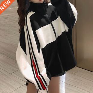 Zip Up Hoodie for Women Contrast Color Student Jackets Tops