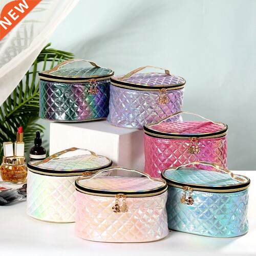 New pu women cosmetic bag Travel personality laser plaid sto