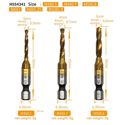 6Pcs Hex Shank Titanium Plated HSS Screw Thread Metric Tap D