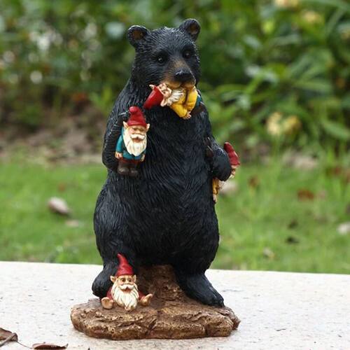Black Bear Eating Gnomes Figure Garden Yard Lawn Resin Ornam