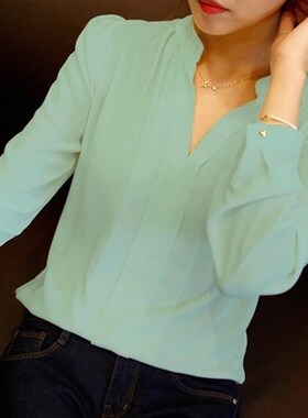 Spring Autumn White Blouses Office Shirts Women V-Neck Tops