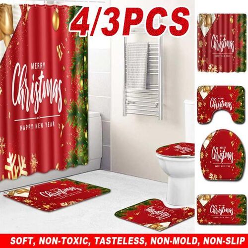 3Pcs Christmas Print Shower Christmas Curtain Polyester Bath