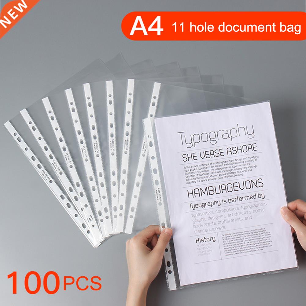 100Pcs A4 Folder Bags Plastic Transparent Punched Pocket Fo