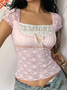 Rapcopter y2k Pink Trim Crop Top Bow Cute Sweet T Shirt Wome