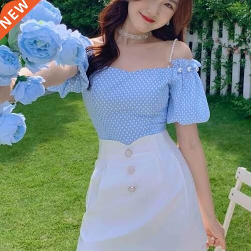 Summer Elegant Two Piece Set Women Blue Plaid Casual Strap B