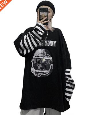 Autumn tshirt Casual Letter Print O-Neck stripe Tees Creativ