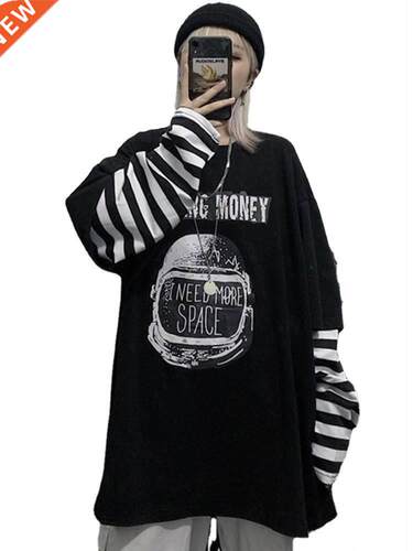 Autumn tshirt Casual Letter Print O-Neck stripe Tees Creativ