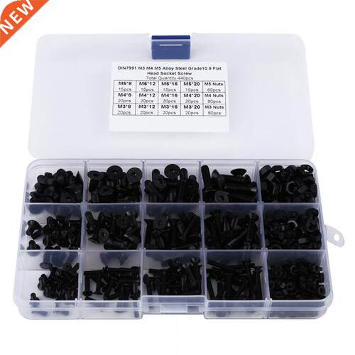 440pcs Alloy Steel M3 M4 M5 Screws Nuts Hex Socket Flat Head