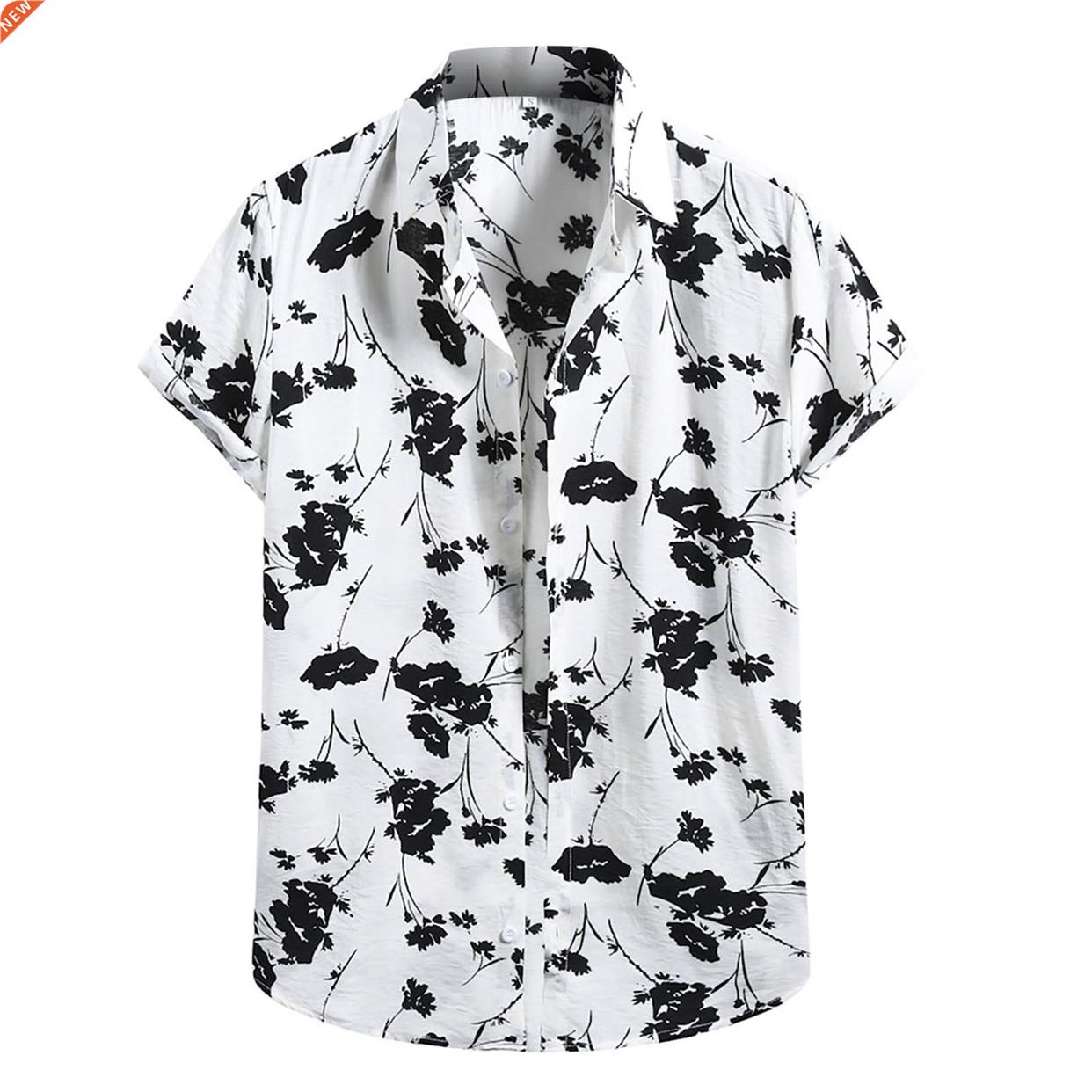 Summer Men's Fashion Shirt Top Cotton Linen Print Sh