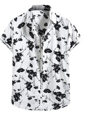 Summer Men's Fashion Shirt Top Cotton Linen Print Sh