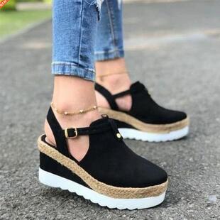 Women's Sandals Vintage Wedge Shoes Woman Buckle Strap S