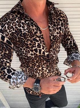 Fashion Men's Casual Long Sleeve Leopard Printed Tur