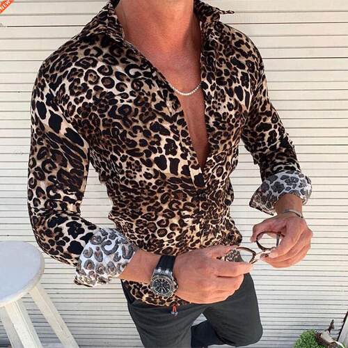 Fashion Men's Casual Long Sleeve Leopard Printed Tur