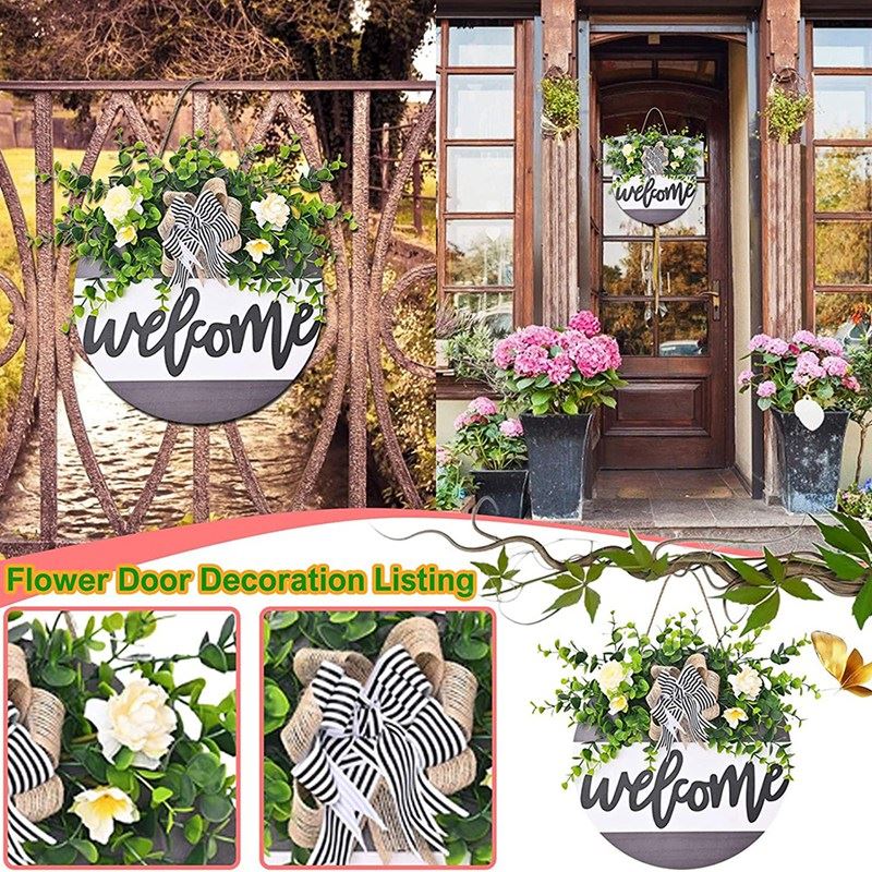 12Inch Welcome Wreath for Front Door, Round Wood Hanging Sig