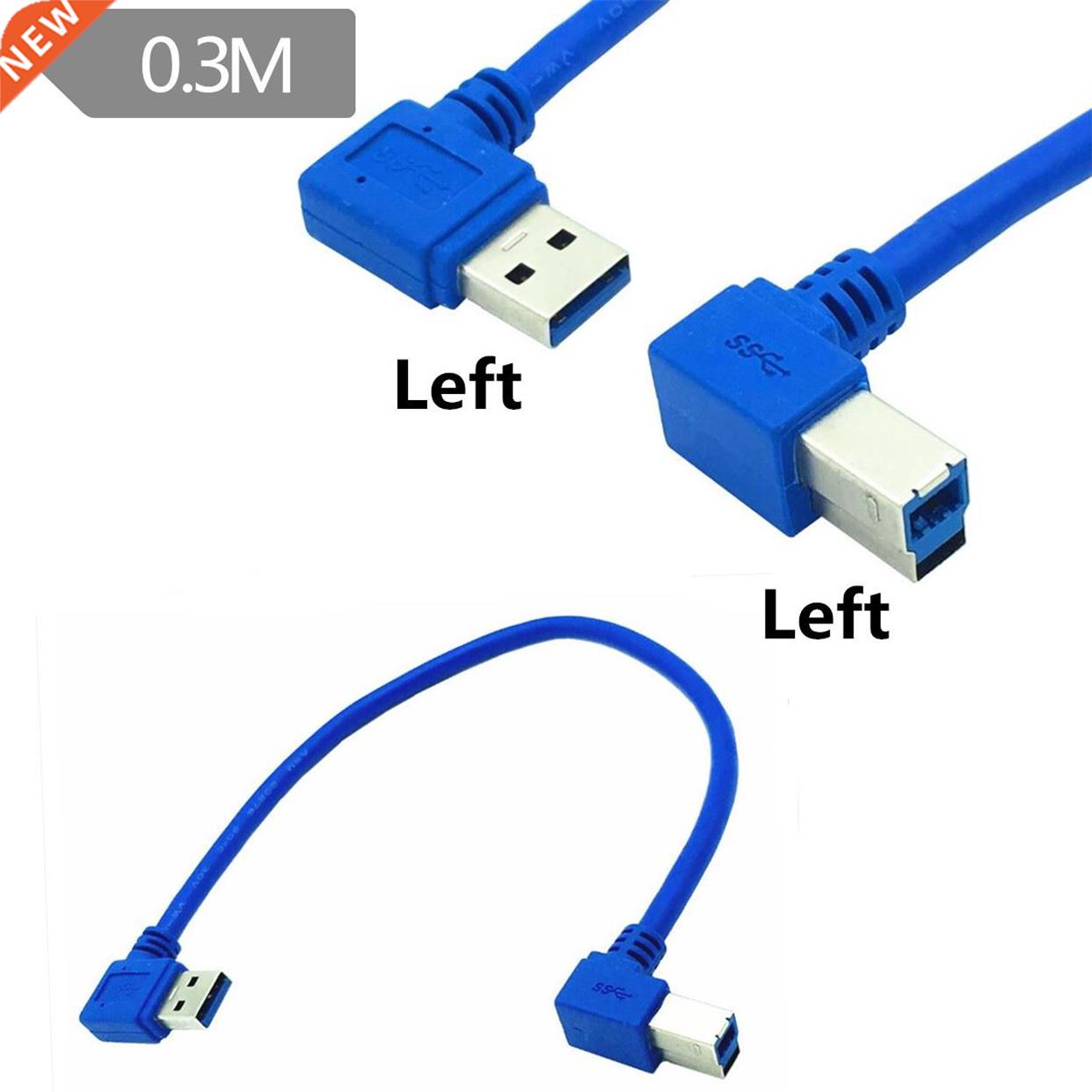 1Ft USB 3.0 A male plug 90 degree left angle to USB 3.0 B ma