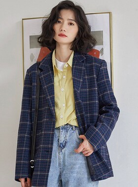 Winter 2021 new small plaid suit collar woollen coat loose w