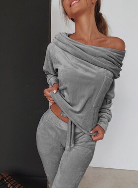 Sweatshirt Women 2 pieces Set Tracksuit Autumn One shoulder