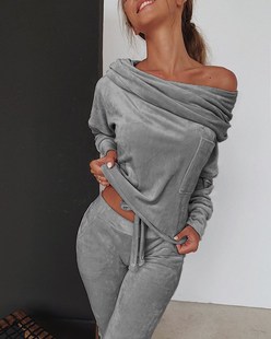Sweatshirt Women 2 pieces Set Tracksuit Autumn One shoulder