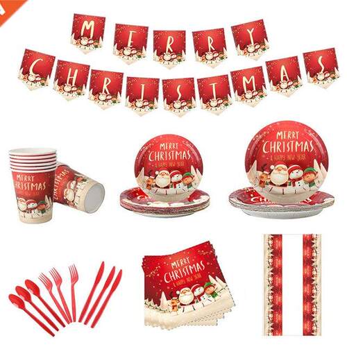 Christmas Paper Tableware Set Xmas Tablecloth Plates Napkins