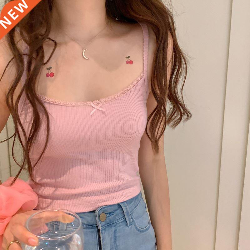 2021 Summer New Bow Lace Edge Crop Tops Off Shoulder Spaghet