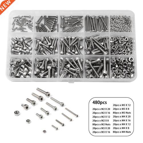 480pcs M2 M3 M4 304 Stainless Steel Cylinder Head Hex Socket