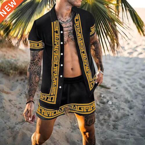 2022 Men Sets Print Patchwork Lapel Short Sleeve Casual Shir