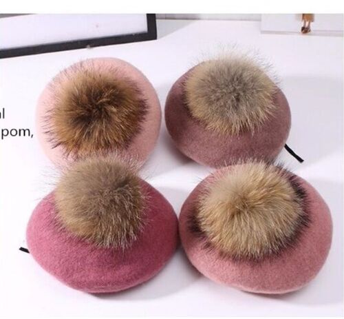 Winter women casual wool berets caps Thick warm hat Raccoon