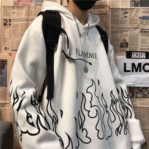 Y2K Streetwear Flame Print Hoodies Women Autumn Harajuku Ove