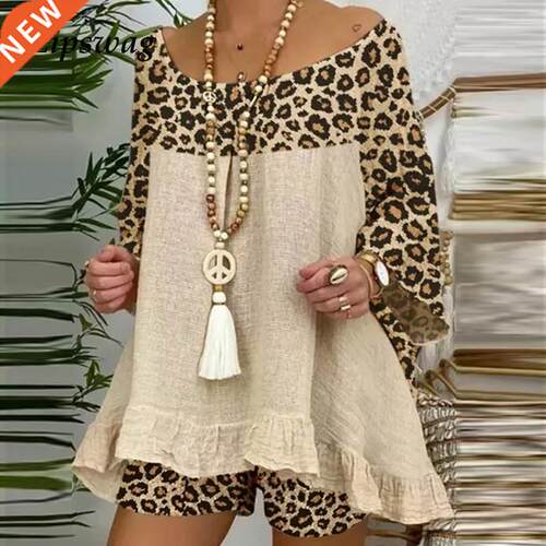 Summer Vintage Leopard Patchwork Outfits Set Cotton Linen Sh