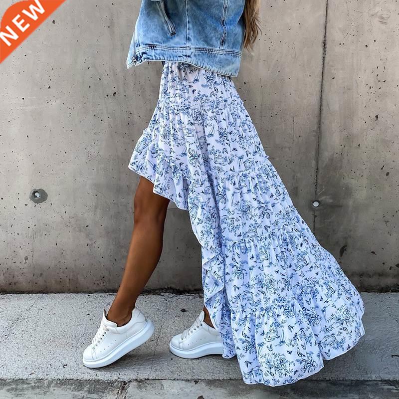 Bohemian Women Long Skirt Asymmetrical Beach Style Floral Pr