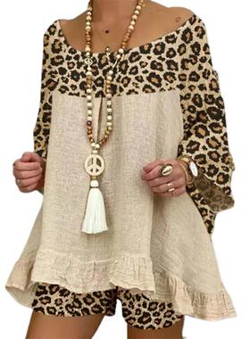 Summer Two Pieces Shorts Set Women Outfit Flare Sleeve Leopa