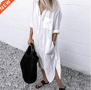 Women Shirt Dress Spring Summer Lapel Button Long Sleeve Sid