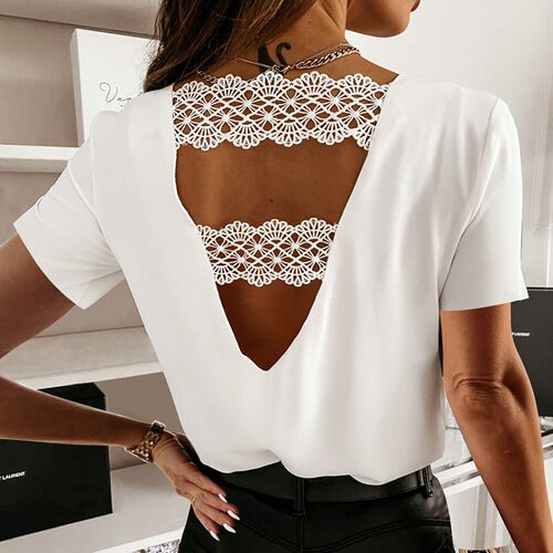 40# Women Backless Blouses Tops Lace Hollow Out Short Sleeve