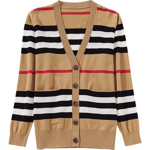 EU 2021 Autumn Winter Fashion Women Classic stripe V neck kn
