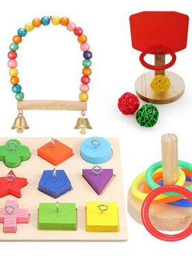 4 Styles Bird Toy Set with Wooden Block Puzzle Parrot Traini